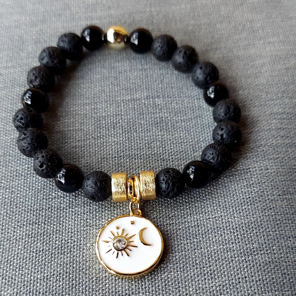 Gold & Diffuser Lava Rock Sun Moon Cz Charm Beaded Bracelet